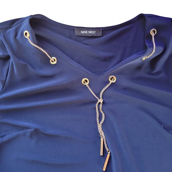 Nine West Blue Midi Dress M Gold Chain Necklace Bodycon Career Church Glam - Picture 3 of 9